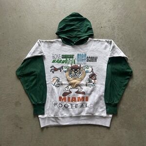 Vintage 90s Looney Tunes Miami Football Sweatshirt Size Large Gray Hoodie Taz 95